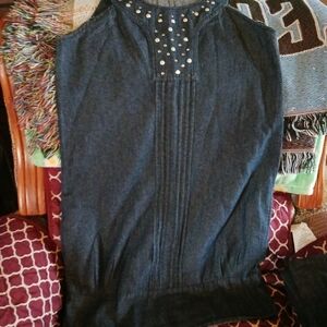 Asymmetrical Denim Dress with Studded Detail